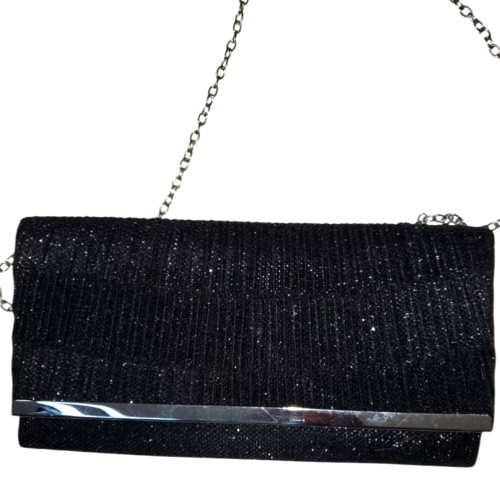 Crossbody Chain Strap Clutch black glitter purse silver accent